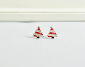 Sterling Silver Enamel Christmas Tree Stud Earrings | Child Safe