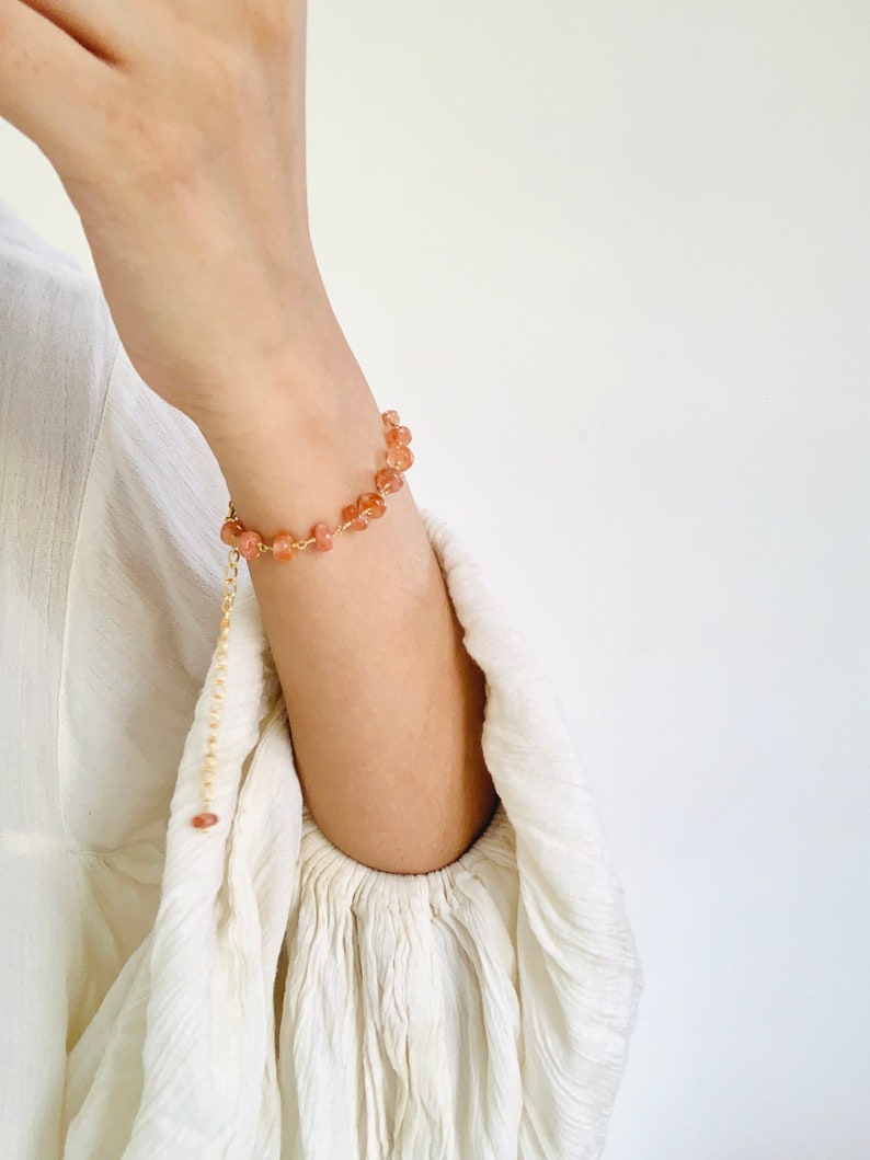 Sunstone semi precious gemstone Bracelet in 14k Gold Vermeil with chain extensions, handmade bracelet, Gift for her, Adjustable bracelet image 4