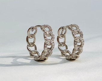 Cuban Link Hoop / Silver Hoop / Small Hoops / CZ Diamond Studded Hoops / Everyday Hoop /  Hoop Earrings / Lightweight Hoops