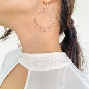 Pink Topaz gemstone charm hoop earrings in Rose gold vermeil, big hoops, Jewelry gift for her