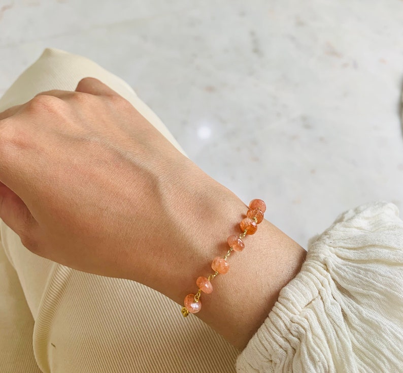 Sunstone semi precious gemstone Bracelet in 14k Gold Vermeil with chain extensions, handmade bracelet, Gift for her, Adjustable bracelet image 1