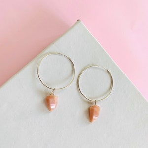 Pink Opal Gemstone Hoop Earrings in Sterling Silver , Birthstone Jewelry , Handmade Earrings , Gift For her image 1