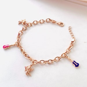 Sterling Silver Fairy Guitar Charms Bracelet, Silver Fairy Bracelet, Sterling Silver Fantasy Fairy Bracelet in Rose Gold