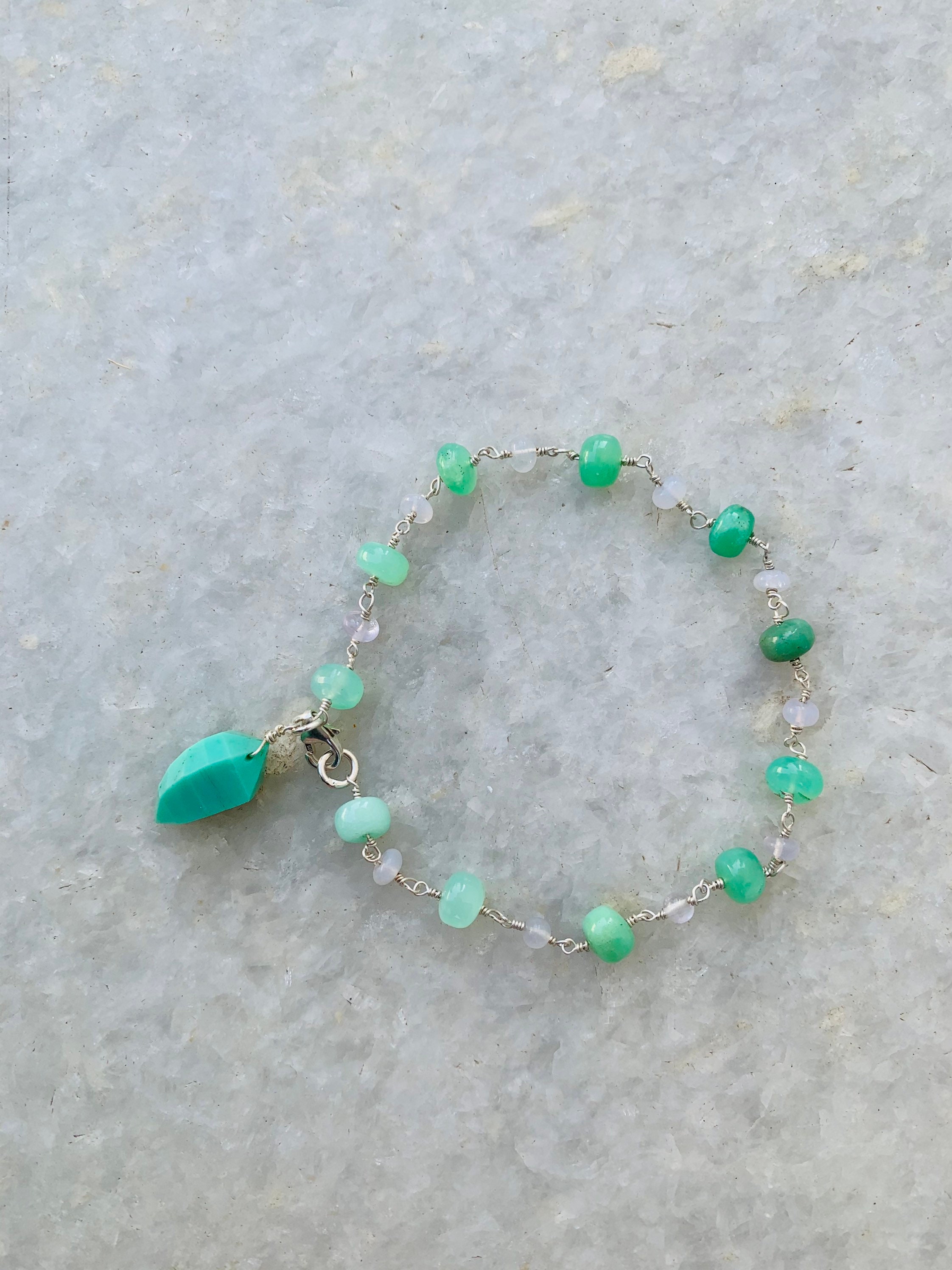 Bracciale in crisoprasi, braccialetto in argento sterling con crisoprasi, braccialetto con pietre preziose di crisoprasi, regalo di compleanno per lei, braccialetto con perline di crisoprasi