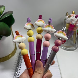 Rainbow, Beaded Pen, Free Pen Refill, Glitter Pen, Pretty Pens, Silicone Beads, Stackable Beads, DIY, Work Pen, Cloud Rainbow Beads,