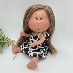 Doll with Outfit- Mia 12&quot; | Nines d&#39;Onil | Custom LONG Highlighted Brunette Hair | Brunette | with | Sundress | Woven Cotton | Farm Pattern
