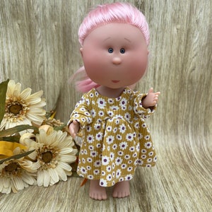Doll Clothes - Mia 12&quot; | Nines d&#39;Onil | Handmade | Dress | Knit Fabric | Yellow | Purple and White Sunflowers | Floral
