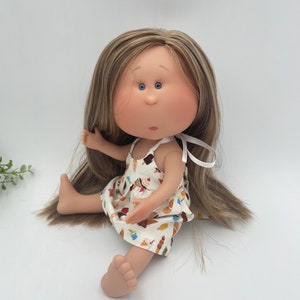 Doll with Outfit- Mia 12&quot; | Nines d&#39;Onil | Custom LONG Highlighted Brunette Hair | Brunette | with | Sundress | Woven Cotton | Sweet Pattern