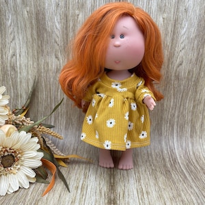 Doll Clothes - Mia 12&quot; | Nines d&#39;Onil | Handmade | Dress | Knit Fabric | Yellow | White Sunflowers | Floral
