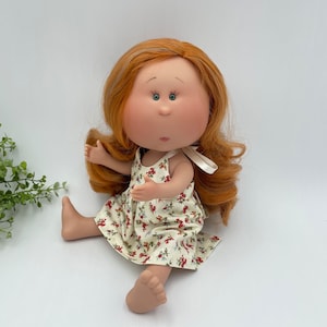 Doll with Outfit - Mia 12&quot; | Nines d&#39;Onil | Custom LONG Cinnamon Red Hair | Red Hair | with | Sundress | Woven Cotton | Floral Pattern