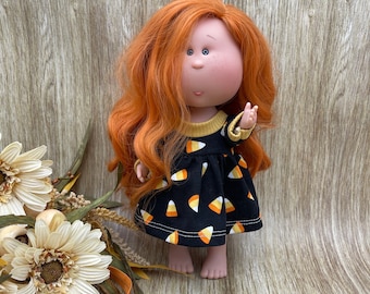 Doll Clothes - Mia 12" | Nines d'Onil | Handmade | Dress | Autumn | Black | Orange and White Candy Corn