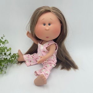 Doll with Outfit - Mia 12&quot; | Nines d&#39;Onil | Custom LONG Highlighted Brunette Hair | with | Overalls | Woven Cotton | Santa Pattern