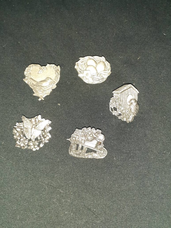 Set of 5 Birds and Blooms Pewter Pins Gem