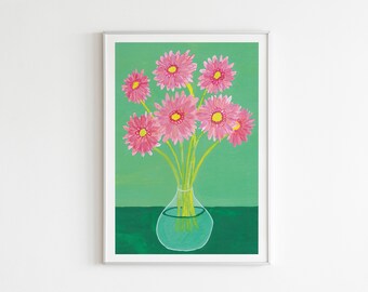 A4 / A3 Pink Gerbris Flowers Watercolour Art Print