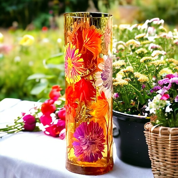 Amber Glass Vase, Hand Painted Vase, Cylinder Vase, Floral, Hand Painted Glass, New Home Gift, Mum, Sister, Wife, Grandma, Friend Gift,