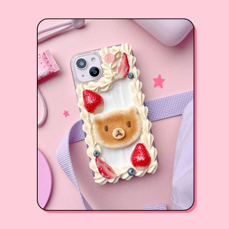 Decoden-telefoonhoesje: teddybeerpannenkoek, slagroom en aardbeien afbeelding 2