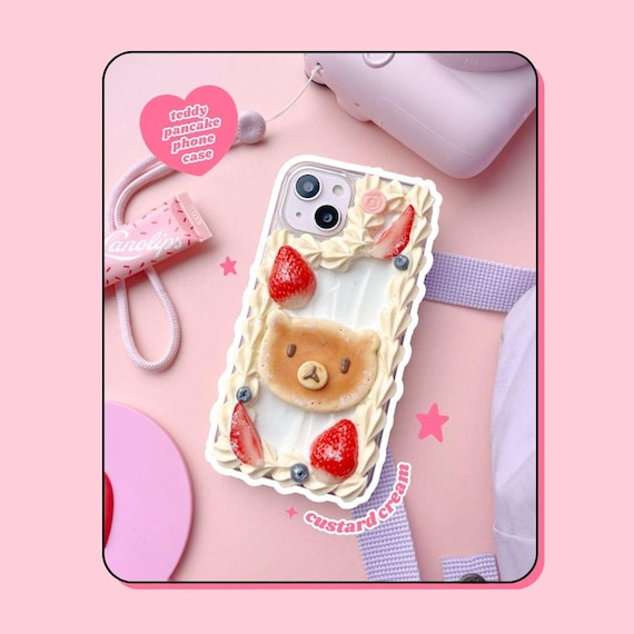 Decoden Phone Case: Teddy Bear Pancake, Whipped Cream & Strawberries