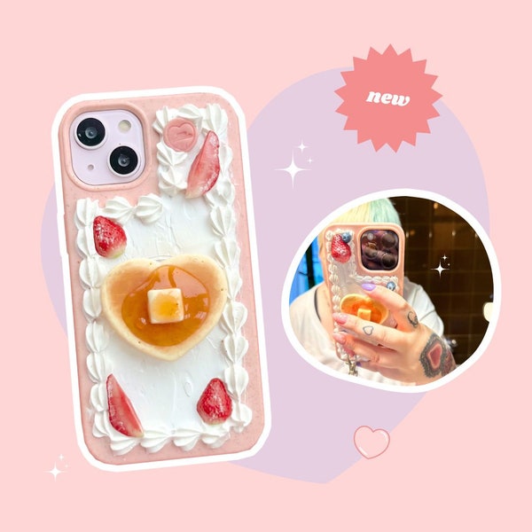 Decoden Coque pour portable crème fouettée avec prise de téléphone Porte-clés kawaii en forme de coeur, crêpes au beurre, myrtilles, crochet coeur