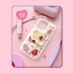 Decoden Phone Case: Whipped Cream Teddy Bear Cookie, Custom Letter