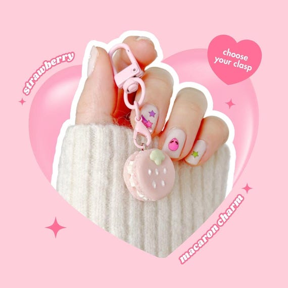 Strawberry Macaron Keychain: Pastel Pink Decoden Kawaii Keyring