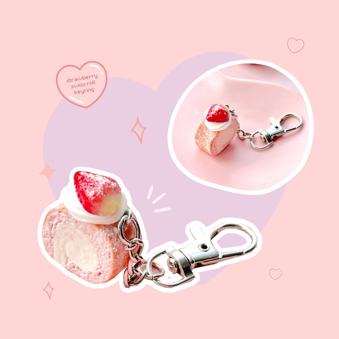 Keyring Keychain Strawberry Pink Swiss Roll Cake Sponge Etsy UK