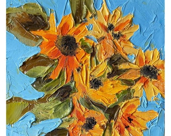 Sunflower Oil Painting Small Original Art Impasto Oil Painting Floral Wall Art 6 by 6 inches