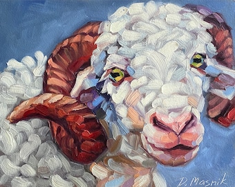 Ram Painting Sheep Original Art Farm Animal Artwork Oil On Panel 8x10 Farmhouse Wall Art Aries