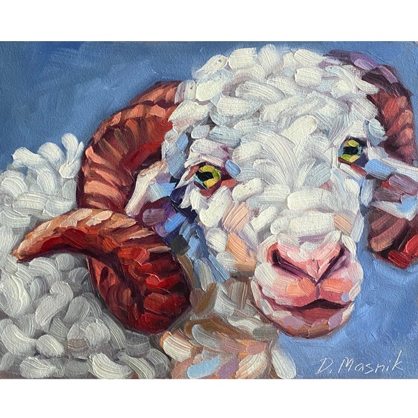 Ram Painting Sheep Original Art Farm Animal Artwork Oil On Panel 8x10 Farmhouse Wall Art Aries