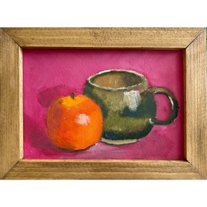 Orange Painting Framed Original Art Fruit Still Life Tangerine Oil Painting Food Wall Art Orange and Teacup Artwork