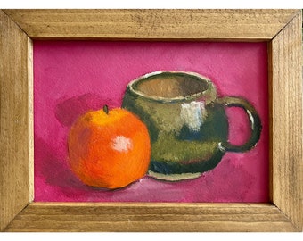 Orange Painting Framed Original Art Fruit Still Life Tangerine Oil Painting Food Wall Art Orange and Teacup Artwork