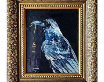 Raven Painting Gothic Home Decor Black Crow painting Original Oil Painting Framed Bird Wall Art 4×5"