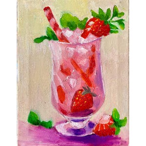 Strawberry Shake Still Life Painting Cocktail Original Oil Painting on Canvas Drink and Food Wall Art Bar Cart Decor 6” x 8”