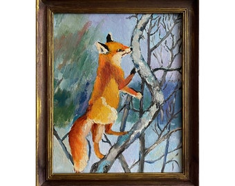 Red Fox Painting Animal Original Art Framed Wall Art Wildlife Painting Winter Landscape Art 8 x 10”