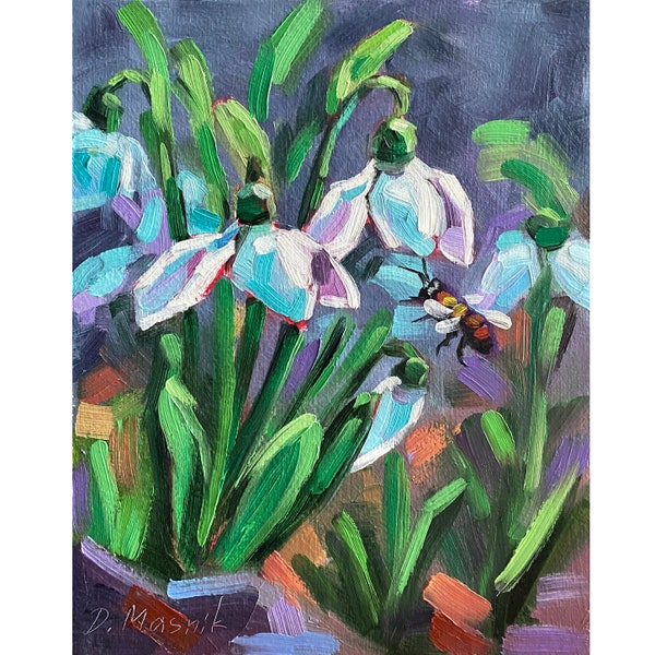 Snowdrops Painting Bee Wild Flowers Original Art Spring Floral Artwork Oil On Panel 8x10 Inch Wall Art