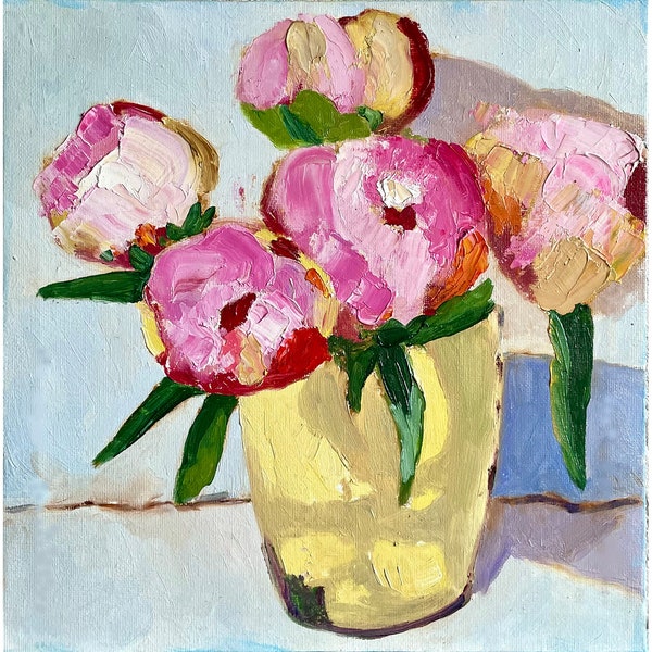 Peony Painting Original Flower Wall Art Floral Oil Canvas Pink Peonies Modern Art 10 x 10”