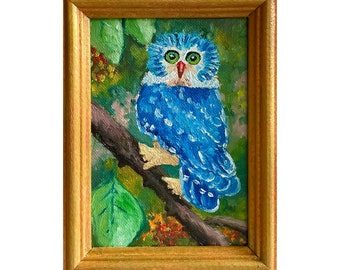 Original owl painting Framed oil painting Mini Art Bird artwork