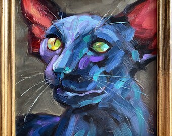 Oriental Shorthair Cat Painting Original Pet Portrait Artwork Oil On Panel Framed Animal Wall Art