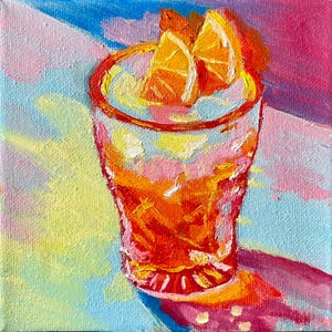 Negroni Still Life Painting Original Cocktail Oil Painting Drink and Food Wall Art Bar Cart Decor 6” x 6”