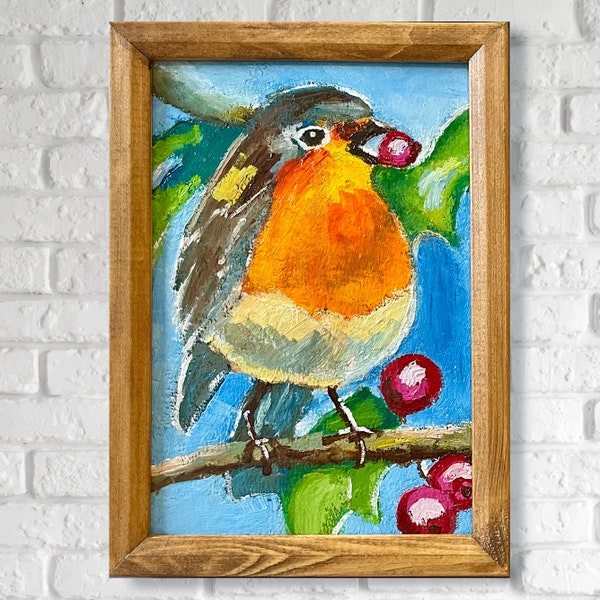 Robin Bird Painting Original Framed Mini Art Hand Painted Bird Wall Art Robin Artwork Small Bird Lover Gift