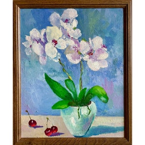 Orchid Painting Framed Original Art Flower Oil Painting White Orchid Art Canvas Floral Wall Art