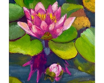 Lotus Flower Painting Original Artwork Lily Pond Oil Painting Canvas Wall Art