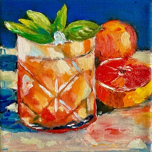 Lemonade painting Drink Glass Original Fine Art Painting Orange Juice Wall Art Bar Cart Decor 6” x 6””