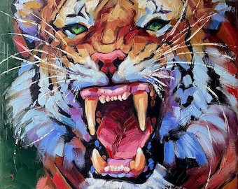 Tiger Oil Painting On Canvas Original Wild Animal Artwork 16x16" Wildlife  Large Wall Art