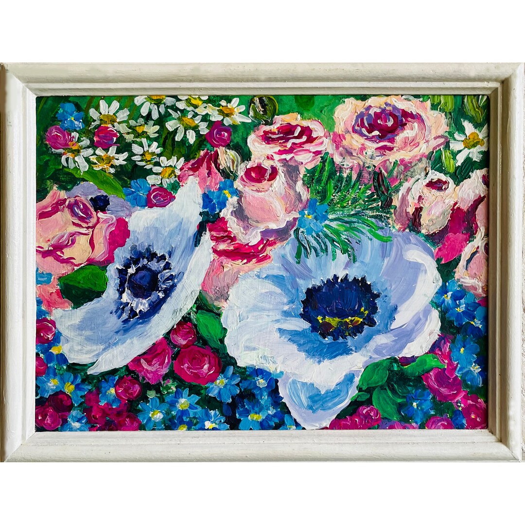 Flower Painting Original Art Roses Wall Art Poppy Daisies Framed Art - Etsy