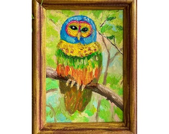 Owl Bird Painting Original Oil Canvas Art Framed Animal Miniature Wall Art, Gift for Friends