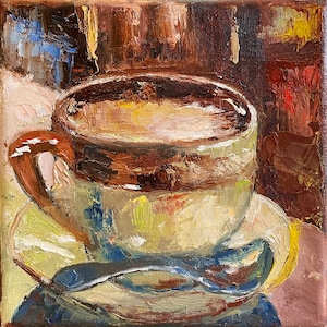 Coffee Painting Original Art Food Still Life painting 6x6” Coffee Cup Wall Art Espresso Art Mini Canvas Painting