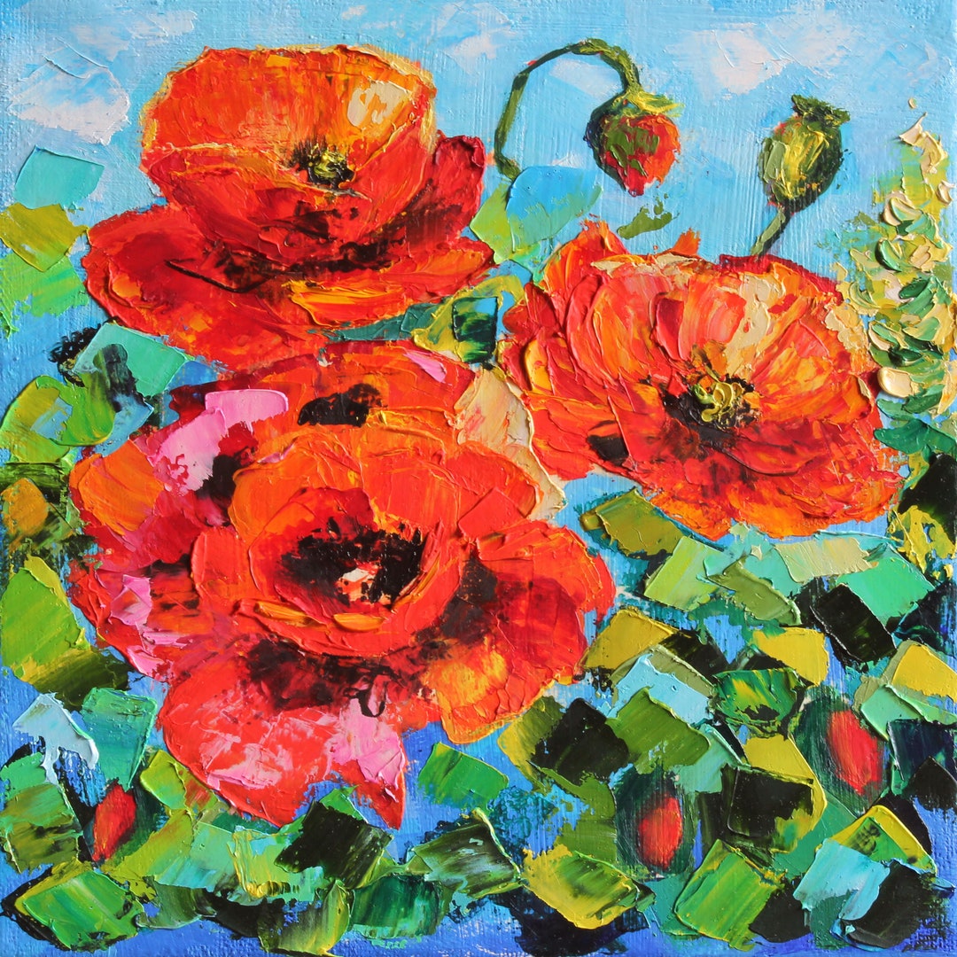 Poppy Painting Flower Original Art Impasto Oil Painting 8x8 Floral ...
