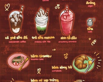 Asian Food Art Informational Language Large 11x17" A3 Gold Foil Prints | Vietnamese Coffee | Japanese Sushi | Chinese Dim Sum | Foodie Art