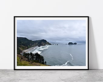 Oregon Coast Pacific Northwest landschapsprint, humeurige rustige oceaanscène, natuurfotografie canvas wrap, kust matte kunst aan de muur, vredig
