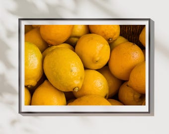Zitronen Produce Markt Leinwand Wandkunst, Riomaggiore Italien Matt Druck, Cinque Terre Italien Küche Dekor, Gelb Foto, Obst Wandbehang